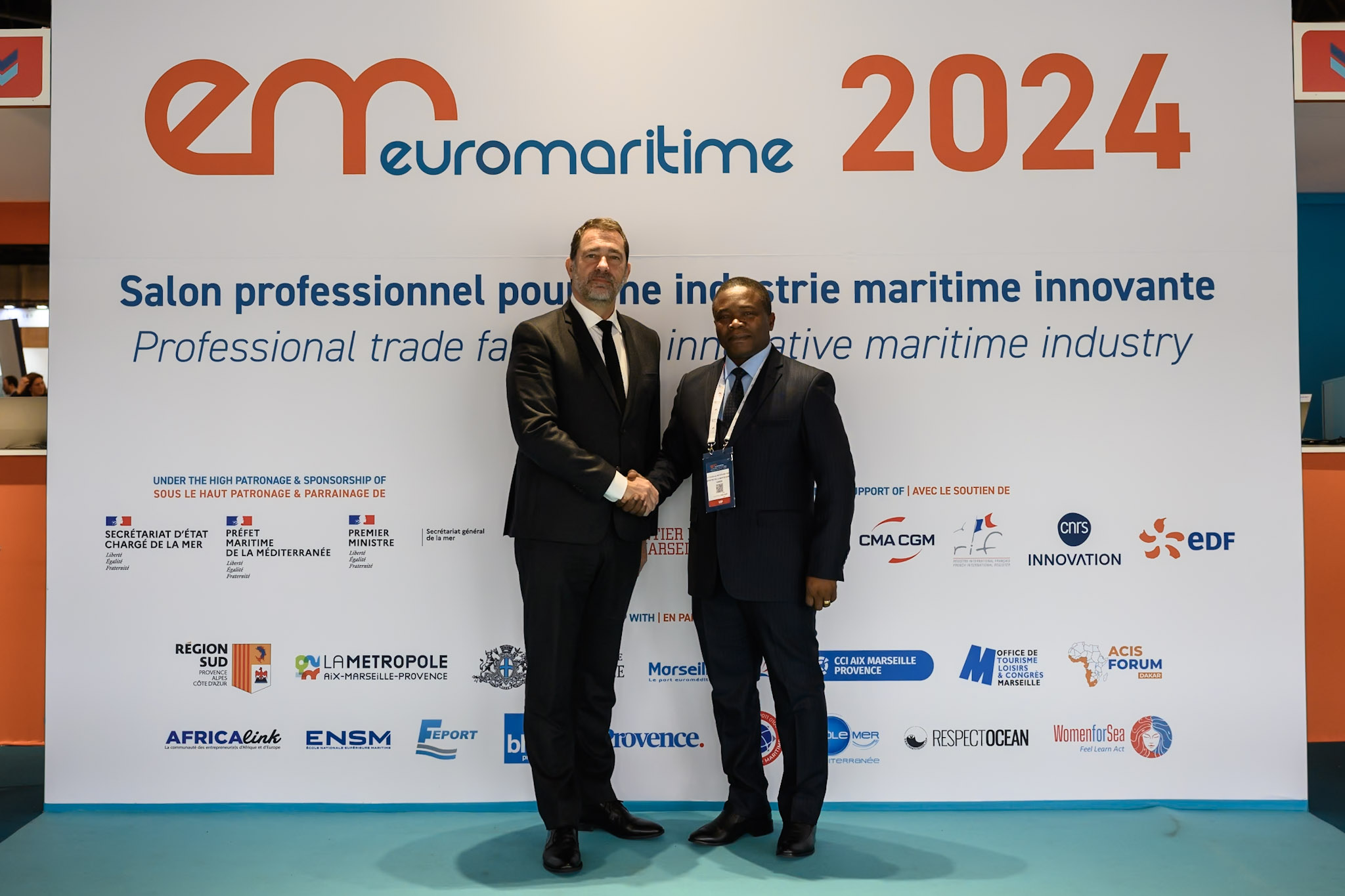 Christophe Castaner , présient du Grand port maritime de Marseille et Loïc Moudouma, ministre gabonais des Transports, de la marine Marchande et de la Mer @ EUROMARITIME 2024