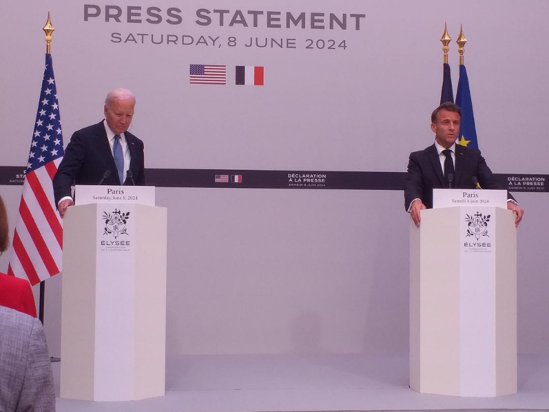 Joseph Biden et Emmanuel Macron face à la presse le 8 juin à l'Elysée@AAFC